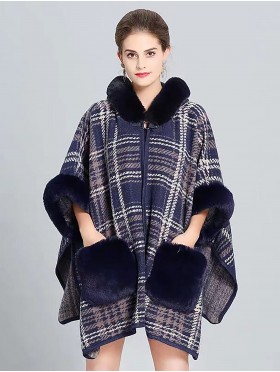 Plaid Patterned Cape W/ Fur Collar Pocket and Sleeves 